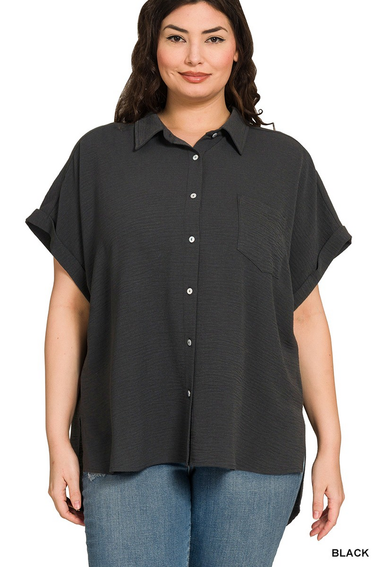 Plus size black woven airflow button-down shirt with short cuffed sleeves and a chest pocket.