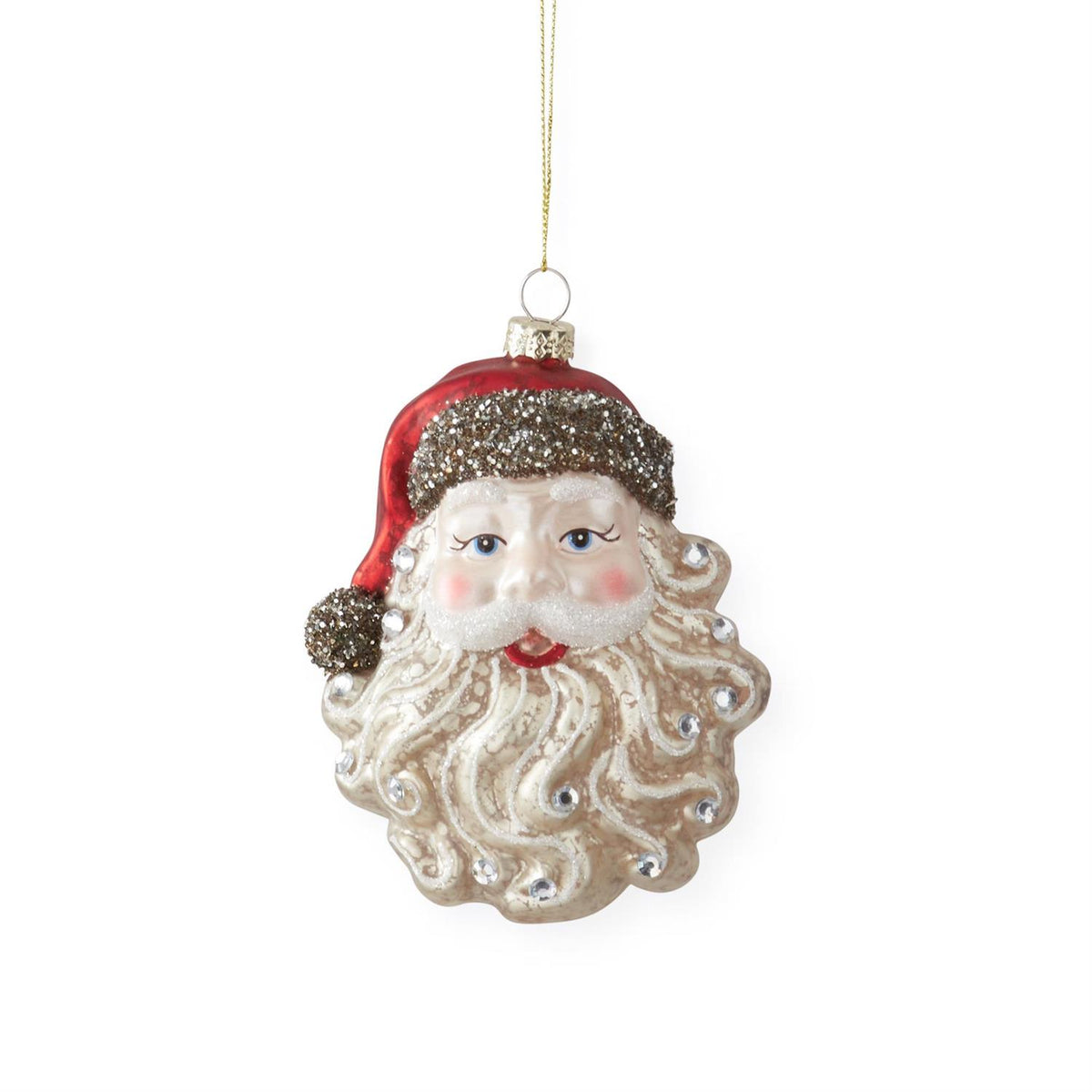 Five-inch vintage-style glass Santa head ornament with a red hat.
