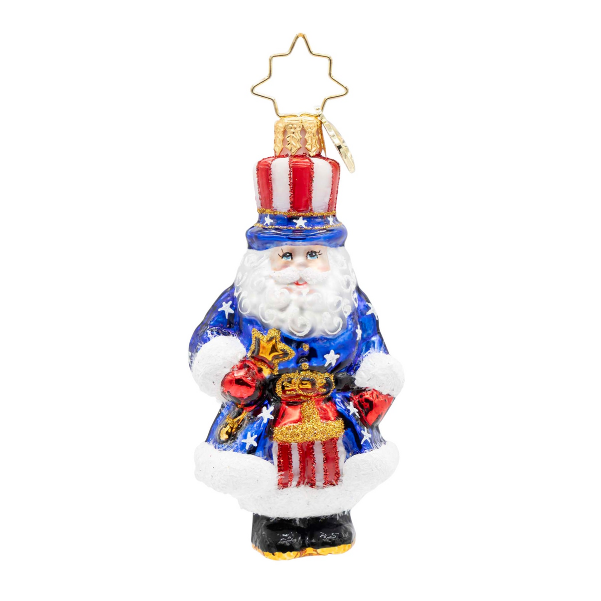All-American Santa glass ornament wearing a red, white, and blue star-spangled suit and top hat.