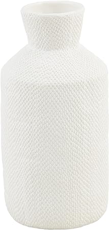 Tall pressed texture stoneware vase in neutral tone with cylindrical silhouette.