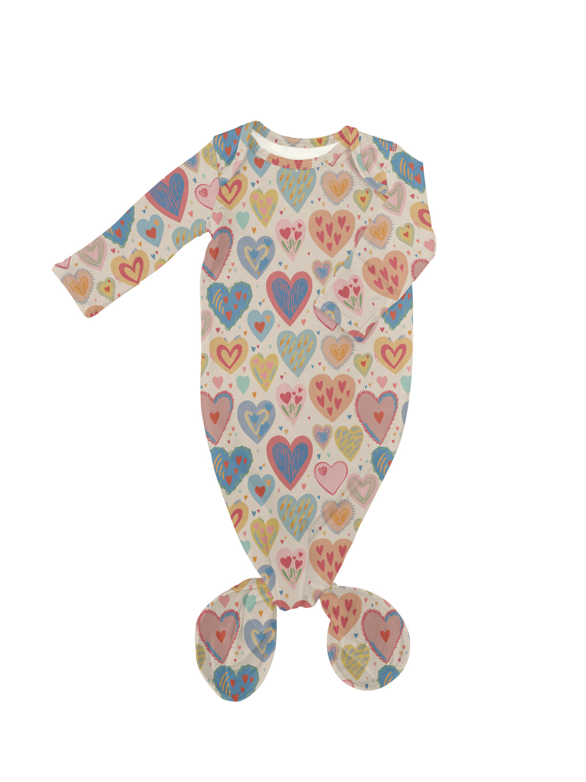 Knotted infant gown in Lovestruck bamboo fabric with foldable scratch mitts.