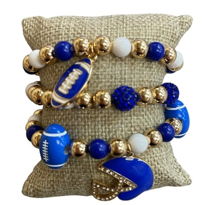 Set of three blue, gold, and white beaded stretch bracelets with football and helmet charms.