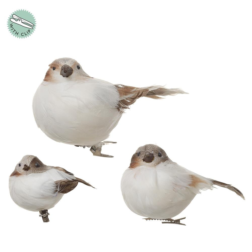 Three white and brown feathered clip-on bird ornaments in various sizes.