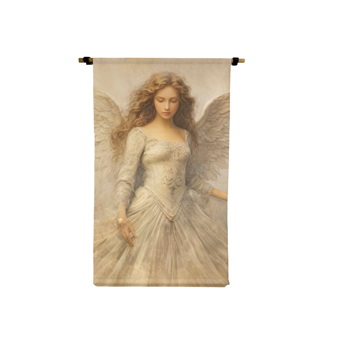 Vertical canvas scroll featuring a serene angel with wings in a vintage, ethereal art style.