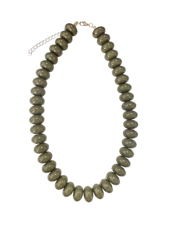 Chunky olive green flat bead necklace with a gold-tone lobster clasp and extender chain.
