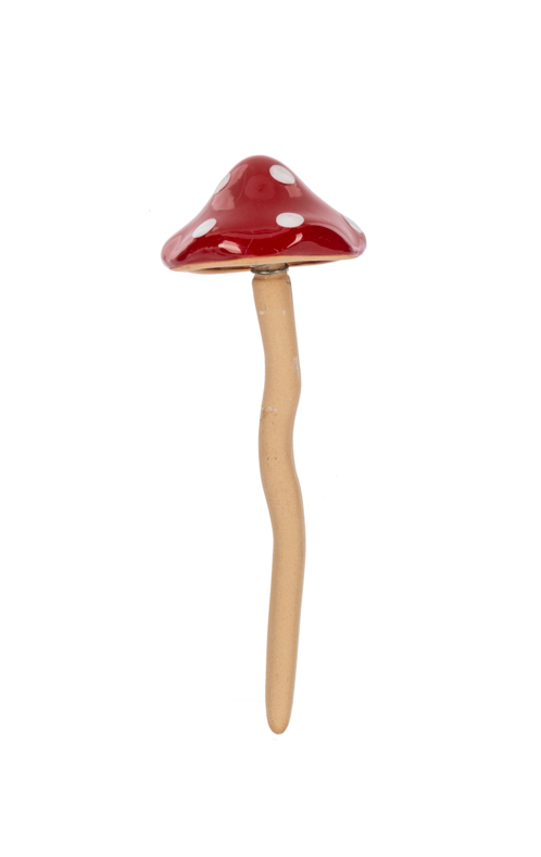 Multi-colored mushroom-shaped plant pick with a natural wood finish.