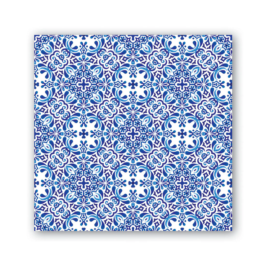 Packaged Caspari triple-ply cocktail napkins featuring museum artwork designs in vibrant colors.