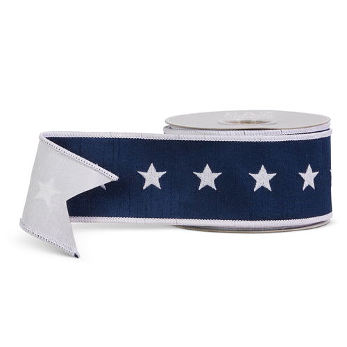 Blue polyester wired ribbon with white stars measuring 2.5 inches wide.