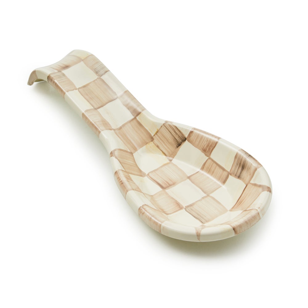 Hand-glazed steel spoon rest with hand-painted mocha check pattern.