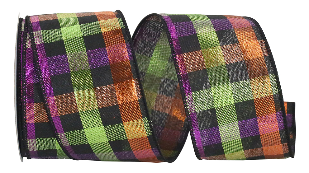 Black metallic polyester plaid wired edge ribbon with a checkered pattern.