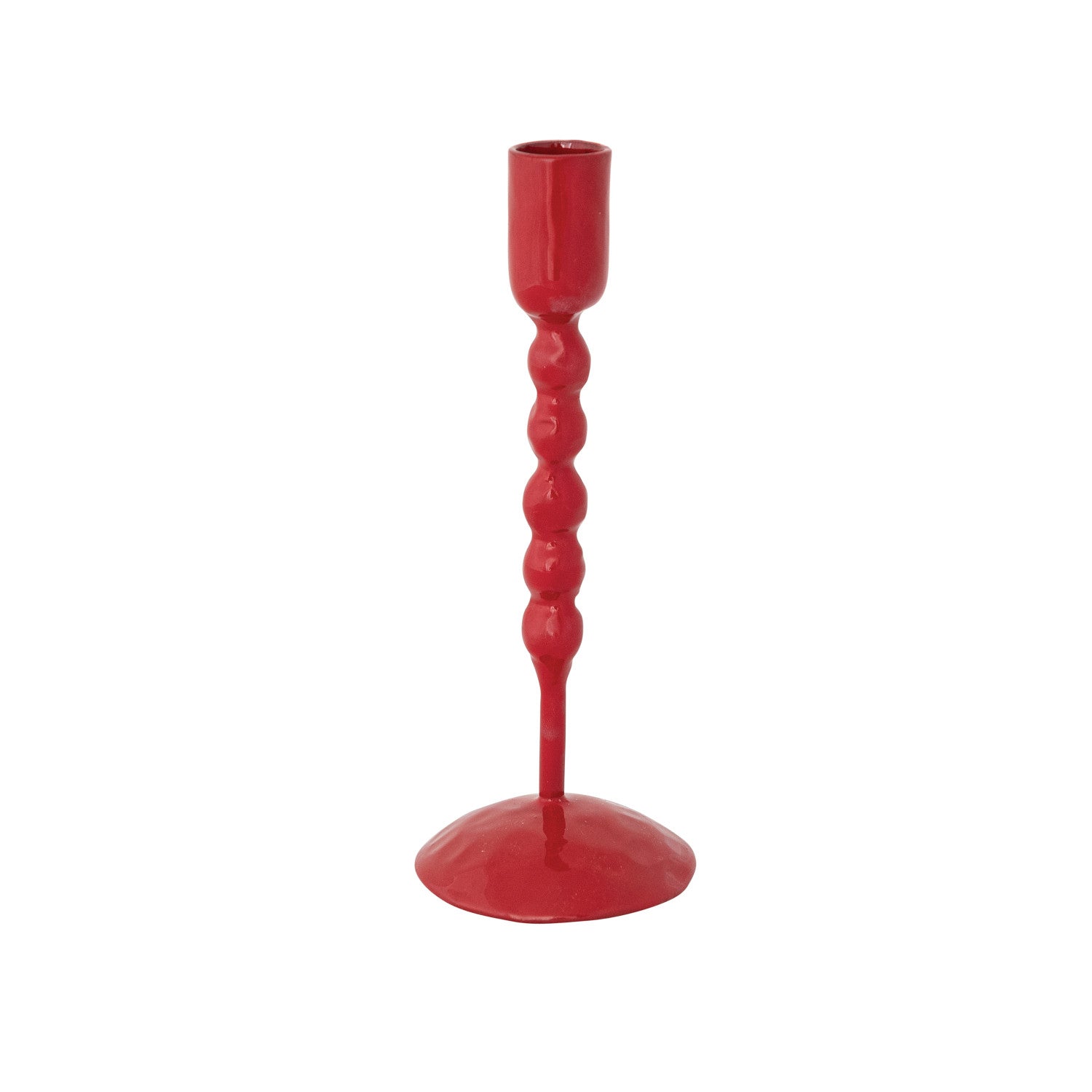 Red hand-forged enameled cast iron taper candle holder with a beaded stem and round base.