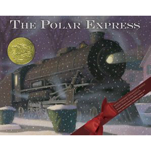 Polar Express book cover featuring a blue train on snowy tracks with festive holiday illustrations.