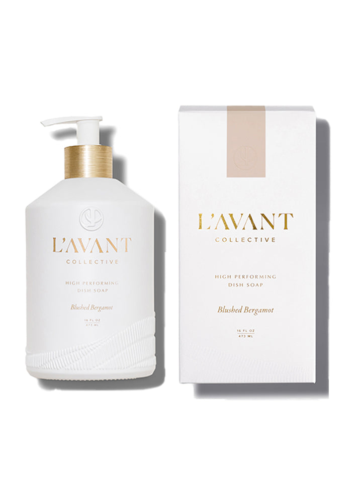 L'AVANT Collective Blushed Bergamot dish soap bottle and box. White bottle with gold accents.