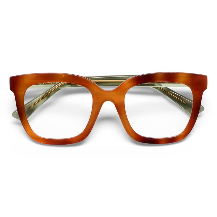 Polycarbonate eyeglasses with spring hinges in a sleek black frame featuring clear aspheric lenses.