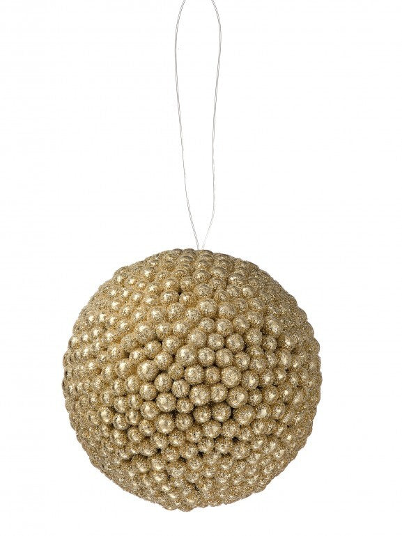 Beaded Glitter Berry Ball Ornament in gold with a thin hanging wire.