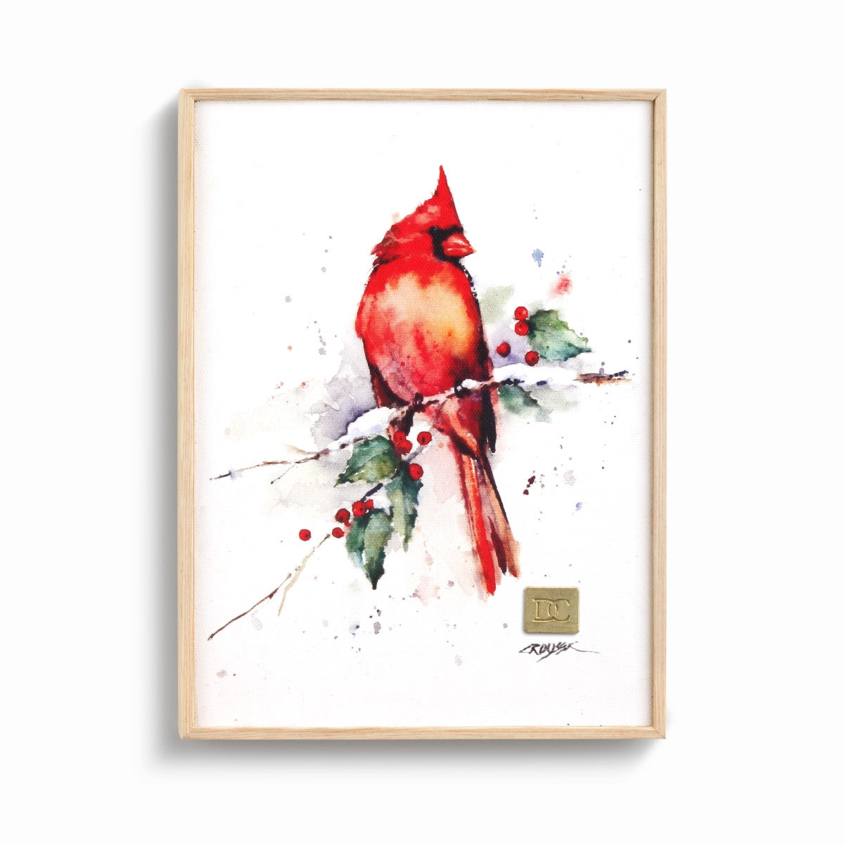 6x8 wall art featuring a cardinal perched on holly branches with red berries against a neutral background.