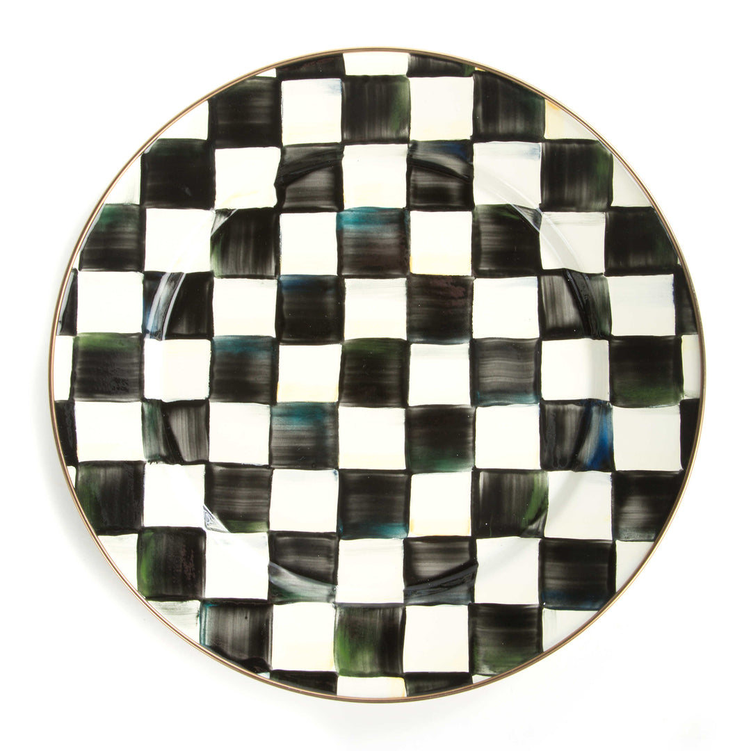 12-inch hand-painted black and white checkered enamel plate with a bronzed stainless steel rim.