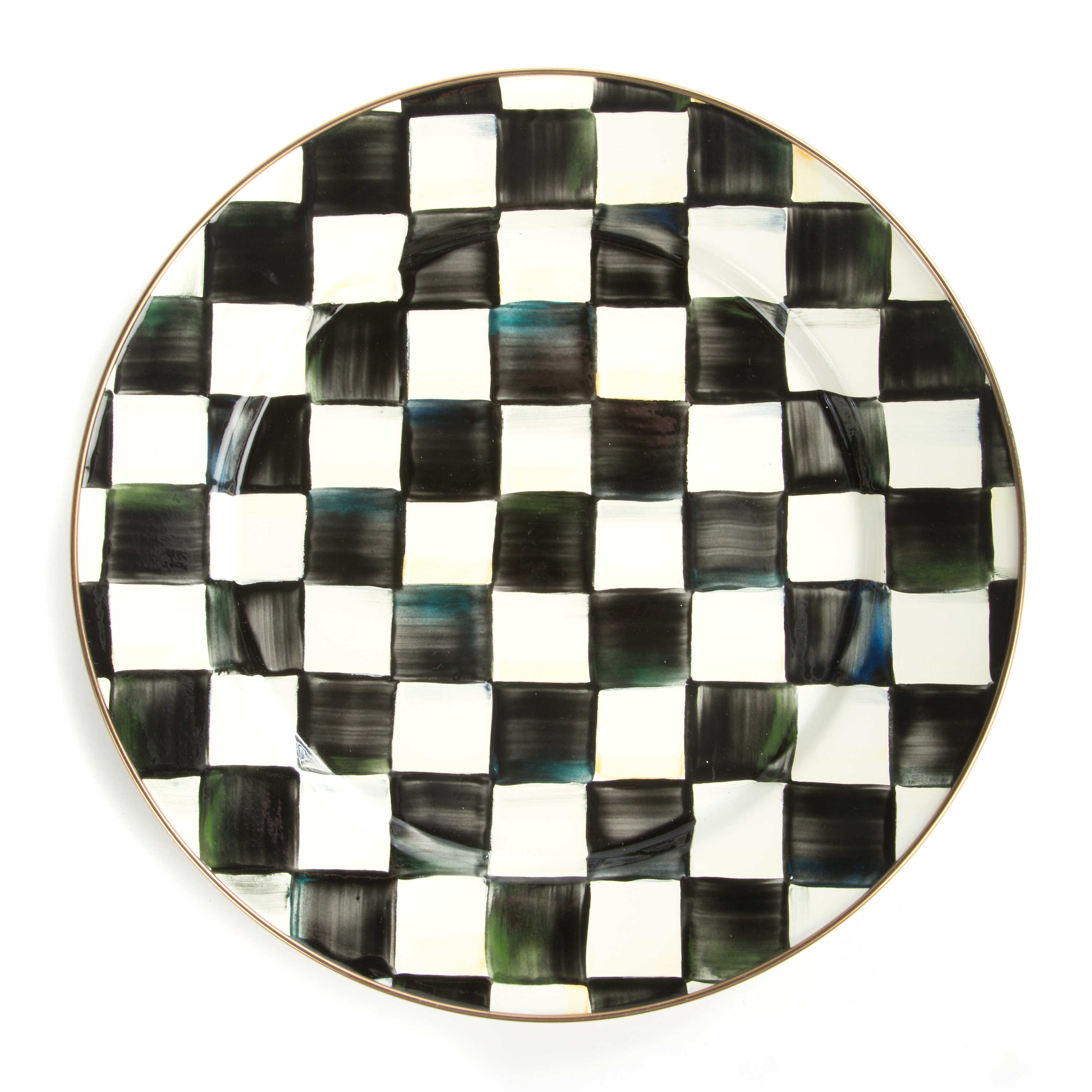 12-inch hand-painted black and white checkered enamel plate with a bronzed stainless steel rim.