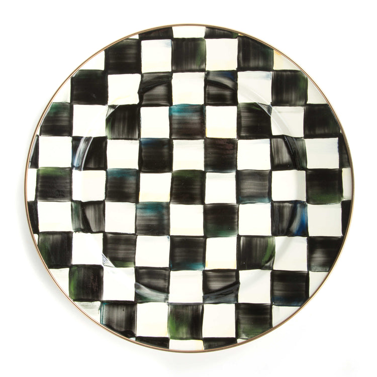 12-inch hand-painted black and white checkered enamel plate with a bronzed stainless steel rim.