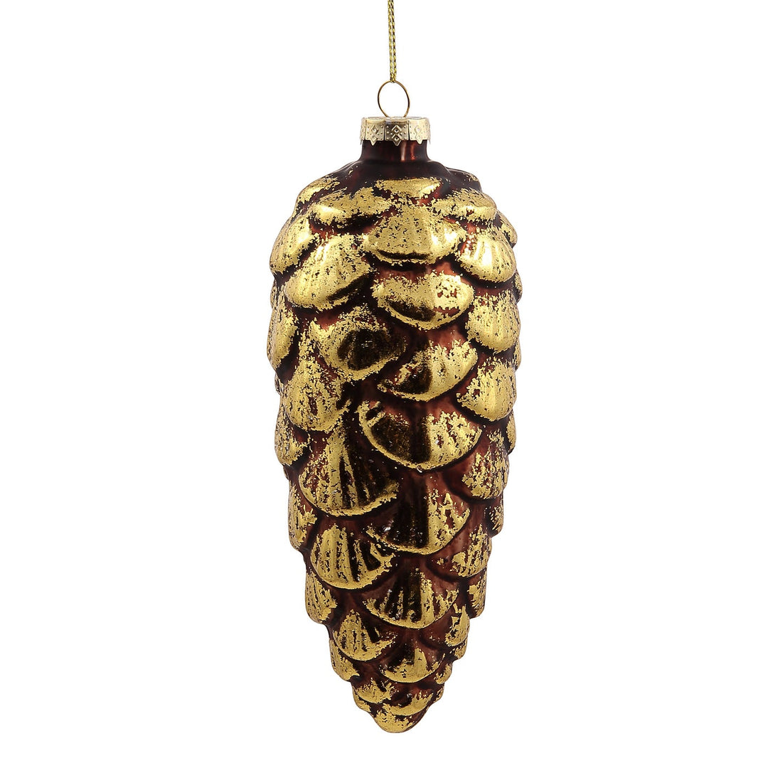 10-inch brown glass pinecone ornament with textured gold metallic accents and a hanging loop.