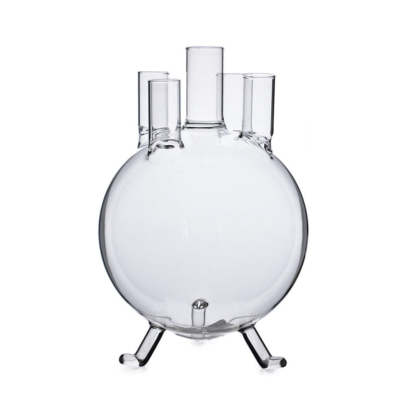 H8-inch clear glass vase with a cylindrical silhouette.