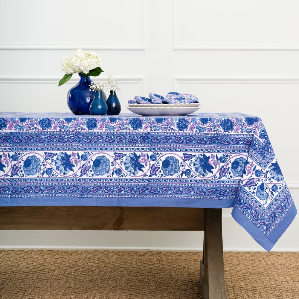 Purple and blue floral printed cotton tablecloth with bohemian pattern