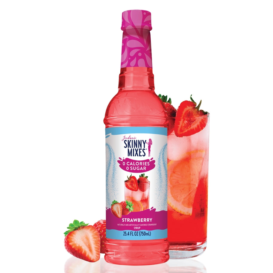 Bottle of sugar-free raspberry syrup with a white label.