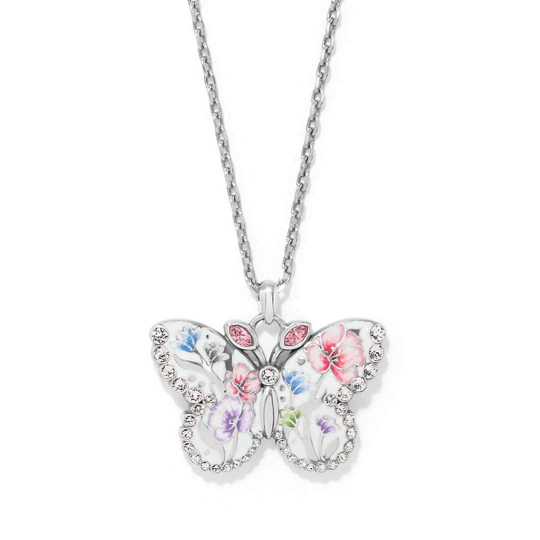 Silver plated adjustable butterfly necklace with multi-color fine quality crystals on an 18 to 21 inch chain.