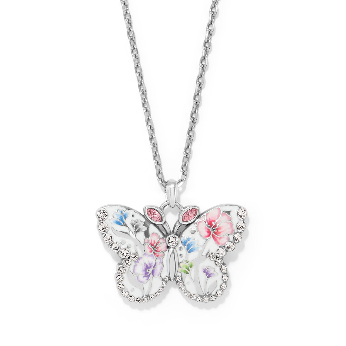 Silver plated adjustable butterfly necklace with multi-color fine quality crystals on an 18 to 21 inch chain.