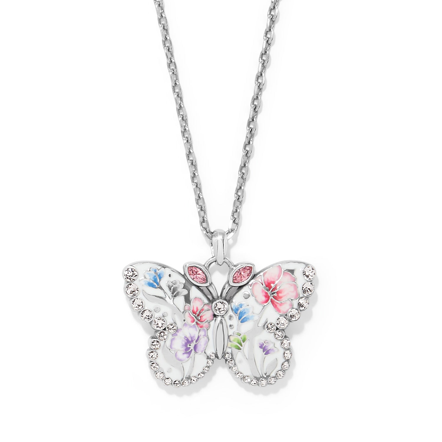 Silver plated adjustable butterfly necklace with multi-color fine quality crystals on an 18 to 21 inch chain.