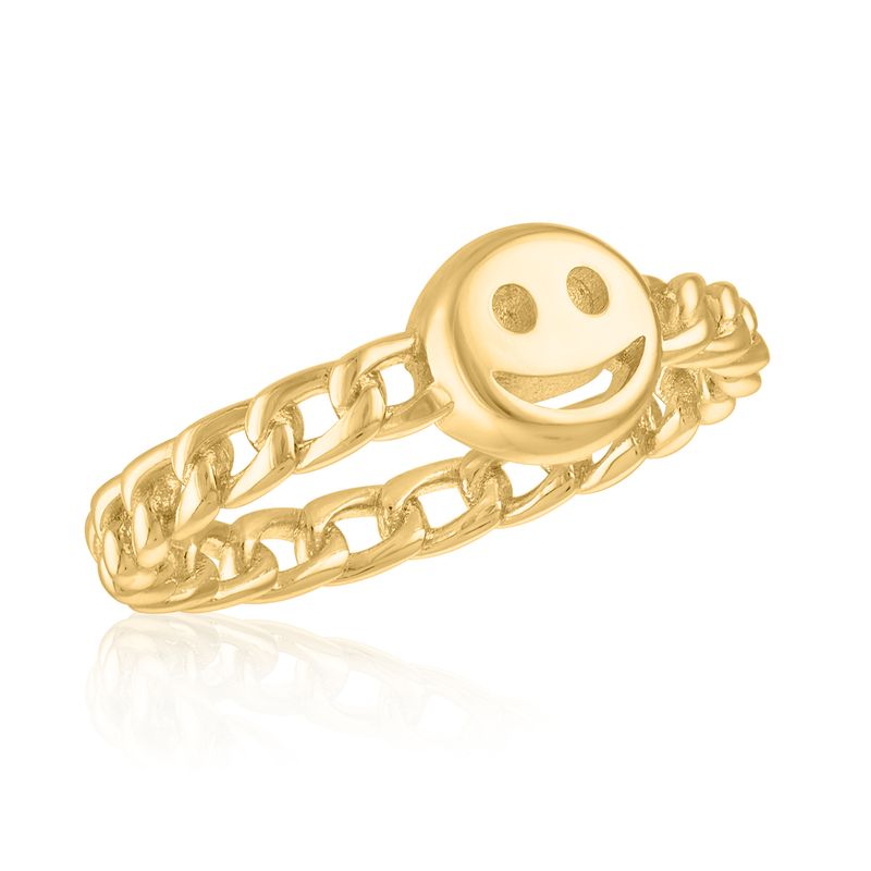 Gold smiley face ring with a polished curb chain band.