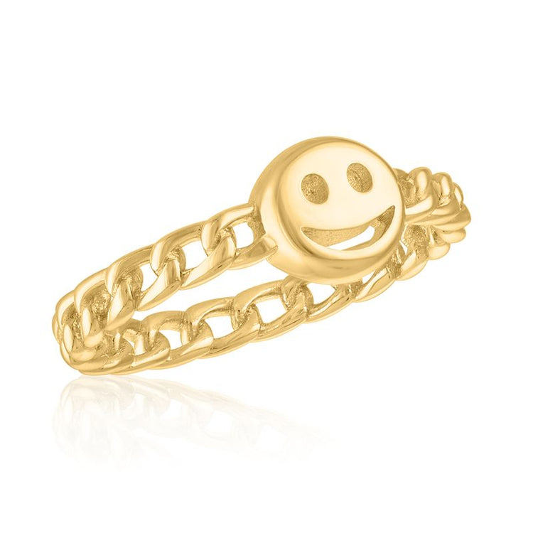 Gold smiley face ring with a polished curb chain band.