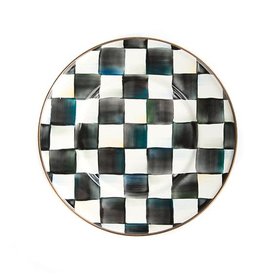 Courtly Check Enamel Salad/Dessert Plate with hand-painted black and white checks and bronze rim.