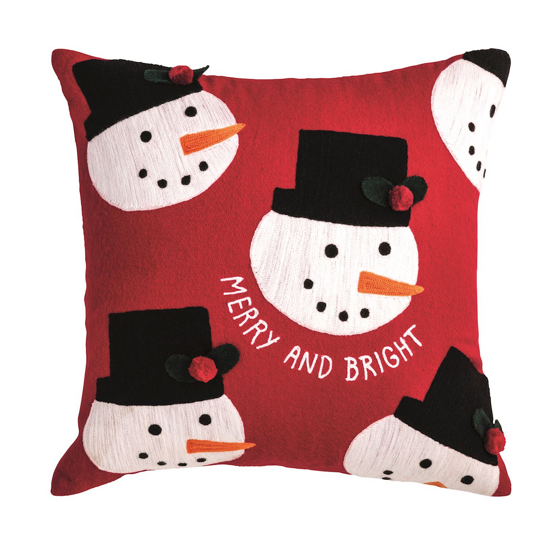 Red felted pillow with snowman faces, top hats, and "MERRY AND BRIGHT" embroidery.