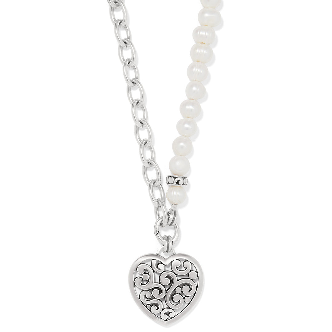 Contempo Heart Pearl Charm Necklace with silver chain, white pearls, and a filigree heart pendant.