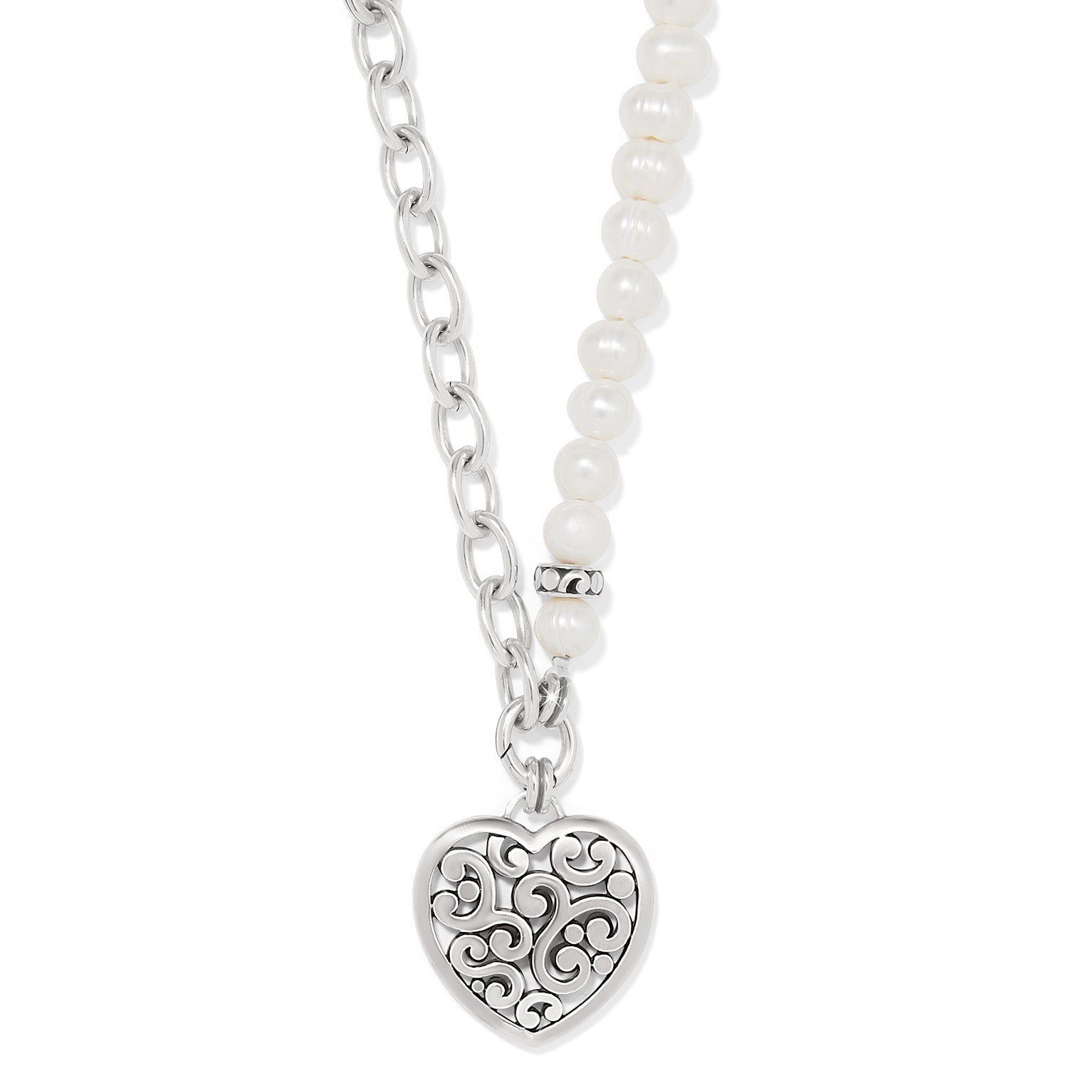 Contempo Heart Pearl Charm Necklace with silver chain, white pearls, and a filigree heart pendant.