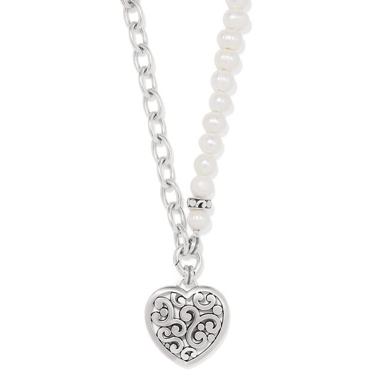 Contempo Heart Pearl Charm Necklace with silver chain, white pearls, and a filigree heart pendant.