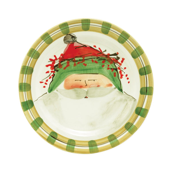 White Terra Bianca earthenware dinner plate with Old St. Nick handpainted holiday illustration