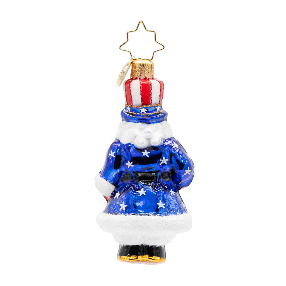 Back view of a Santa ornament wearing a blue star-spangled coat and a red and white striped hat.