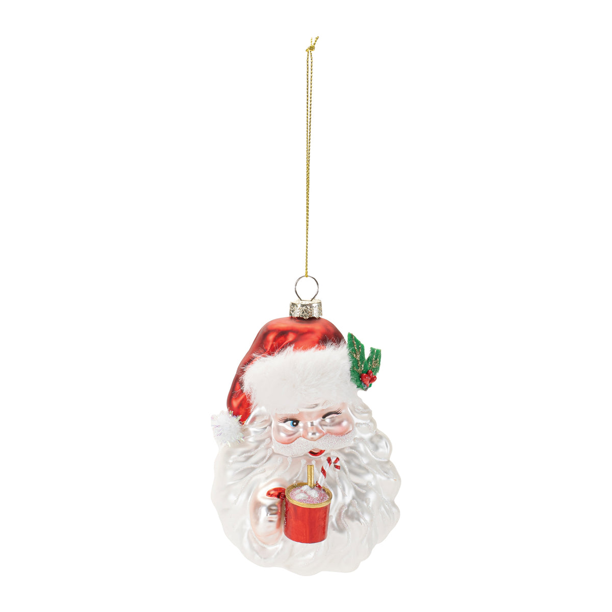 Five-inch Santa Claus ornament with cocoa cup in hand