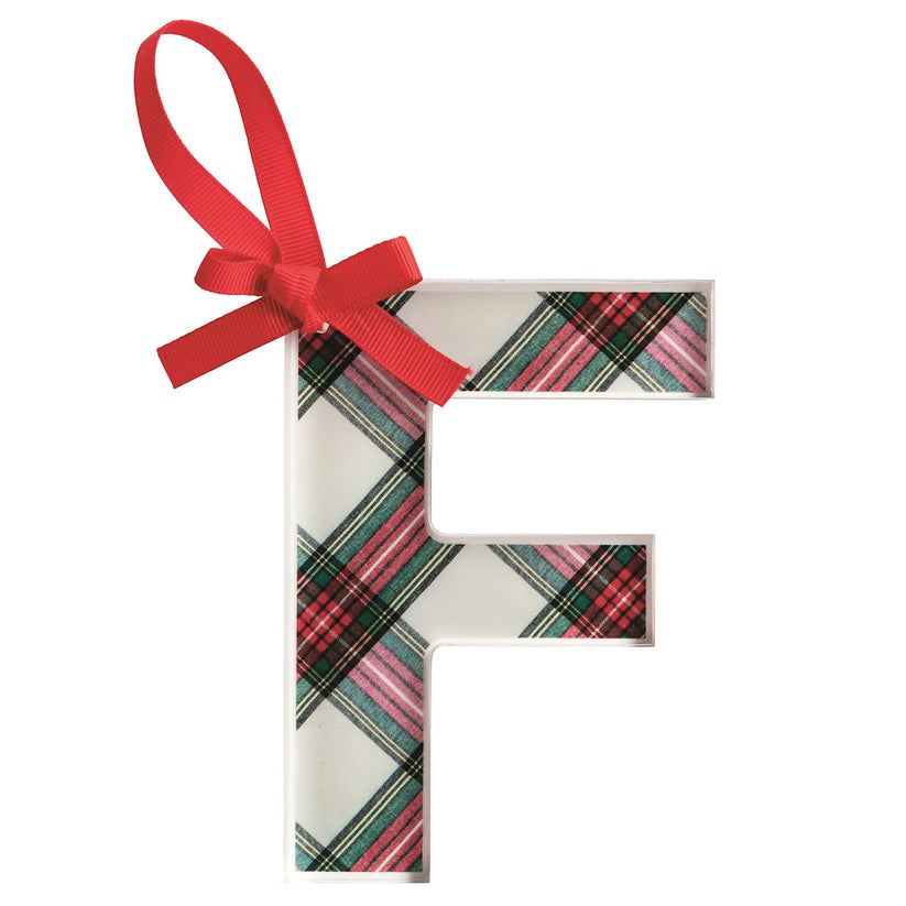 Acrylic tartan letter ornament with grosgrain ribbon hanger