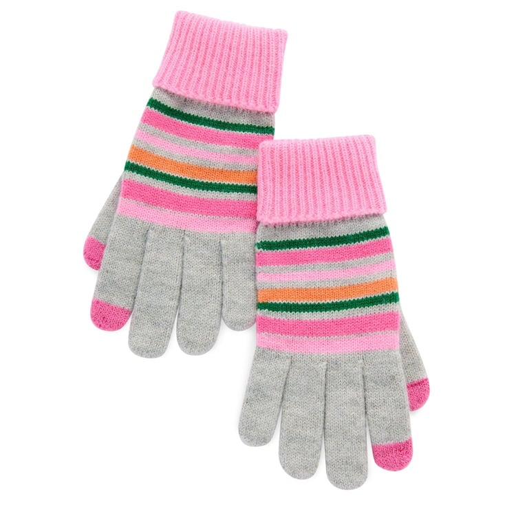 Grey knit touchscreen gloves with pink ribbed cuffs and colorful stripes in pink, orange, and green.
