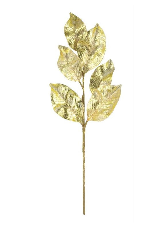 25.5-inch metallic gold magnolia leaf spray with five textured, shimmering leaves on a single stem.