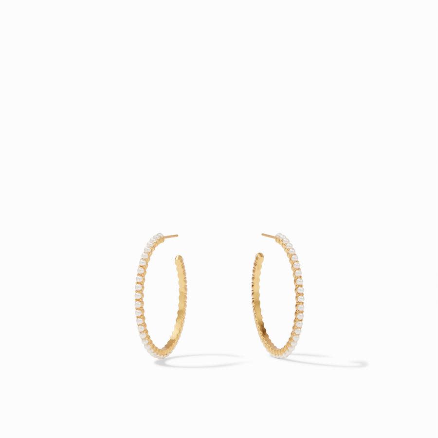 Pair of Juliet Hoop Gold earrings featuring 18K gold plating and a row of small white pearls.