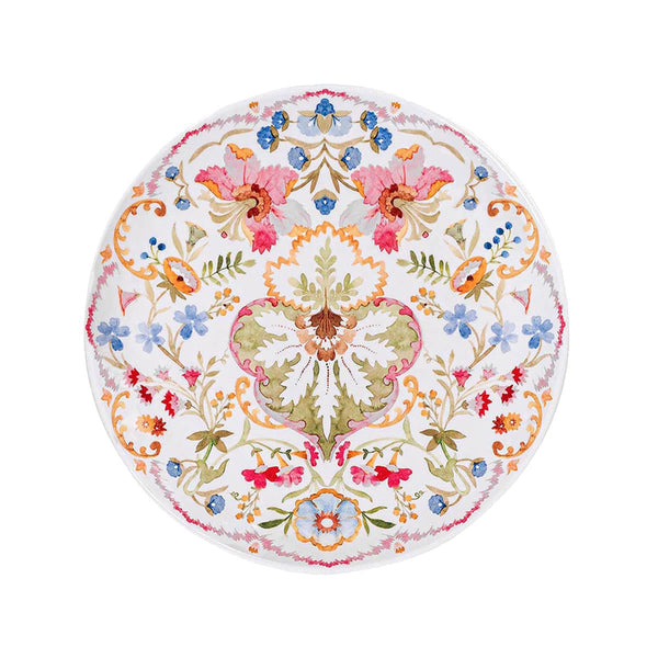Sofia Melamine Dessert/Salad Plate featuring a symmetrical multi-colored floral watercolor design.