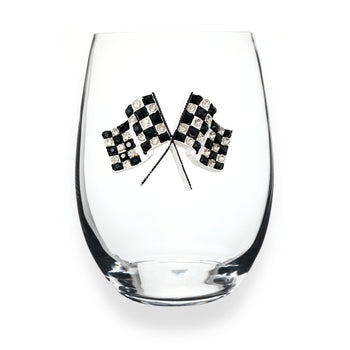 Handcrafted stemless wine glass with jeweled embellishments around the rim in clear crystal.