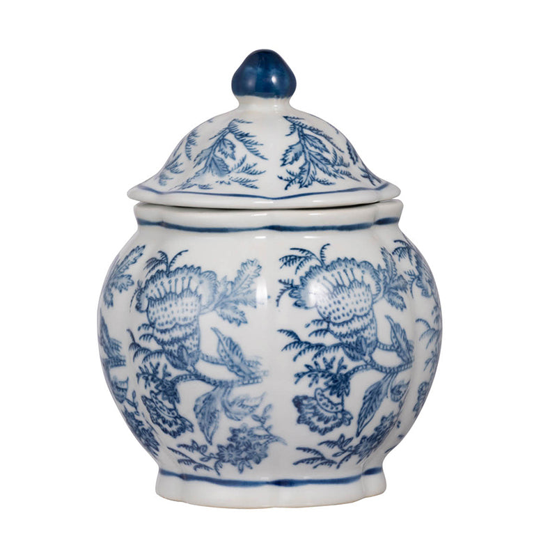 Blue-and-white porcelain decorative jar with a square silhouette.