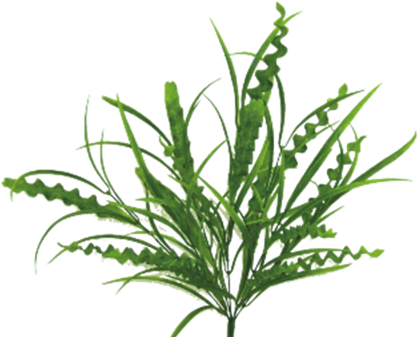 Artificial plastic grass bush with seven wired stems about 15 inches tall featuring green leaves.