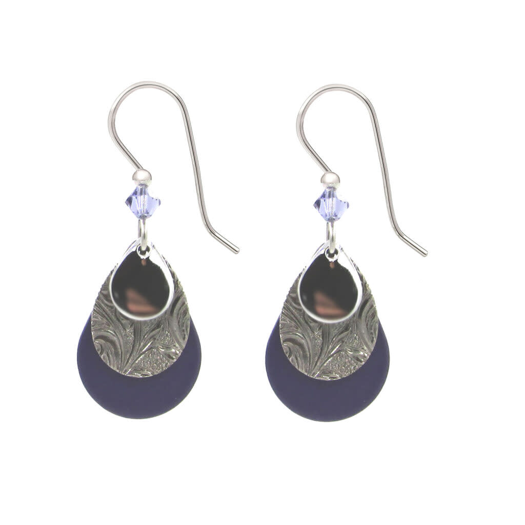 Silver filigree on black teardrop earrings with purple beads and dark purple circular accents.