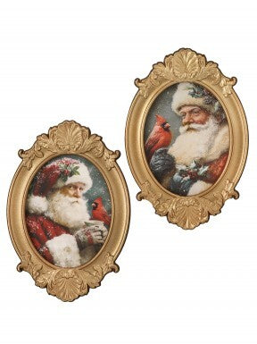 Two 8x12 inch oval gilded frames featuring Santa Claus with a red cardinal in a snowy scene.